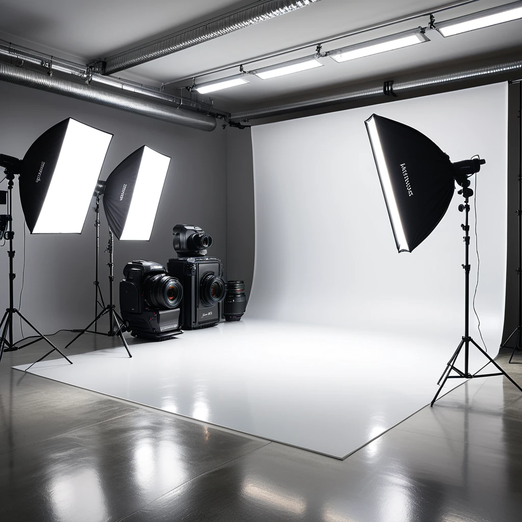 A professional photography studio with a clean, modern design. The room has smooth white walls and a polished concrete floor. A large white backdrop extends across one wall, seamlessly curving into the floor to create an infinity effect. Positioned directly in front of the backdrop is a high-end DSLR camera mounted on a sturdy black tripod, aimed toward the scene for shooting. The camera has a visible lens and adjustment dials, indicating a professional setup. On either side of the backdrop are two large softbox lights mounted on adjustable stands, emitting a soft, even glow. In the background, there are black equipment cases stacked neatly against the wall, adding to the organized workspace. The overhead fluorescent lights illuminate the space evenly, and faint reflections of the setup can be seen on the smooth floor. The overall atmosphere is bright, clean, and professional, emphasizing functionality and creative potential.
<lora:SDXLFaeTastic2400:0.4> <lora:extremely_detailed:0.4> extremely detailed, Masterpiece,best quality,hi res,8k,hi res,8k,award winning,(sharp focus, intricate, highly detailed),