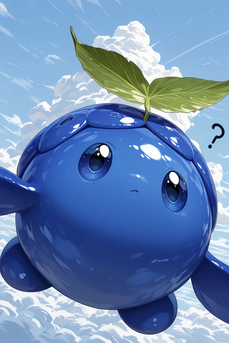 realistic shading, natural lighting, blueberry-creature focus, looking away, surprised expressive face, daberry, green_daberry_leaf on head, blue_daberry_hair, blue_daberry_eyes, 1blueberry creature, pokemon (creature), wide-eyed, constricted pupils, falling, day outdoors sky, cloudy sky, flying above clouds, on kitchen counter, dynamic angle, intricately detailed illustration, depth of field, masterpiece, best quality, amazing quality, very aesthetic, absurdres, newest, BREAK, question mark