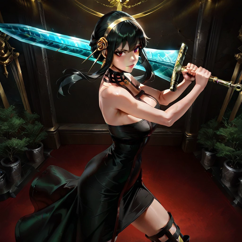 masterpiece, best quality, newest, absurdres, highres, LORstyleIL-V1.0, DarkMoonGreatSword-IL.V1.0, weapon, sword, holding weapon, holding sword, holding, 1girl, yor_briar, spy_x_family, 1girl, black_hair, red_eyes, black dress, fight stance,