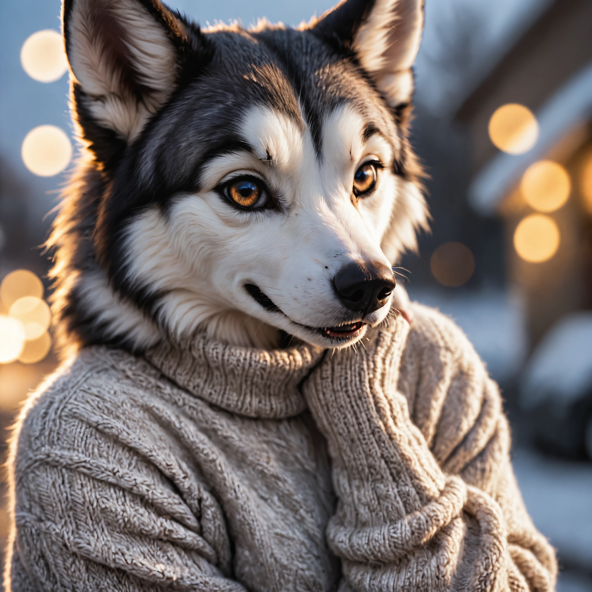 photo of an anthro  husky female wearing a wool sweater,  high quality photography,  3 point lighting,  flash with softbox,  4k,  Canon EOS R3,  hdr,  smooth,  sharp focus,  high resolution,  award winning photo,  80mm,  f2.8,  bokeh,