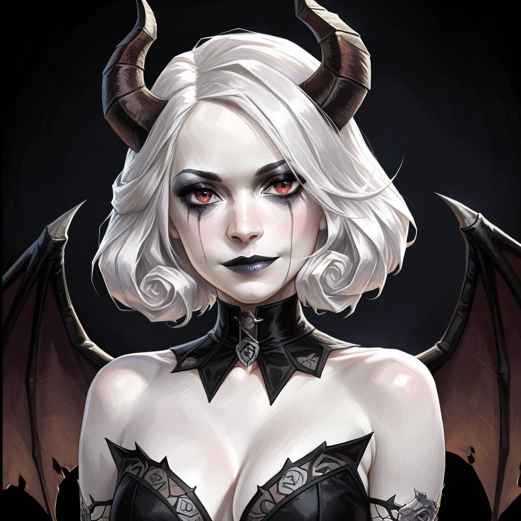 masterpiece, best quality, newest, absurdres, highres, Cedric-Peyravernay-D4/Dishonored-Art-V1.0, 1girl, white skin, white colored skin, pale skin, albino, albino skin, horns, demon horns, demon girl, succubus, wings, bat wings, demon wings, goth, goth girl, goth makeup, runny makeup, smile, grin, closed mouth,