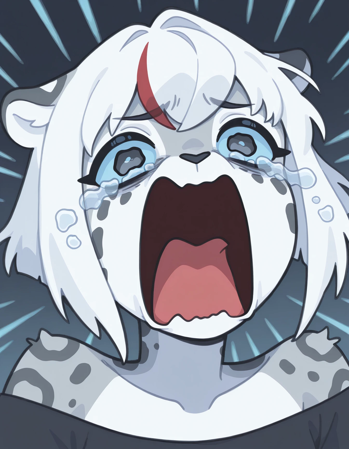 Uma, solo, snow leopard, short white hair, red bangs, black nose, gray fur, black crop top, black eyes, bare shoulders, bare neck, blue sclera, aquascreaming, screaming, open mouth, crying with eyes open<lora:meme_aquascreaming_illustriousXL:1>
 <lora:Uma_illustriousXL:0.9>