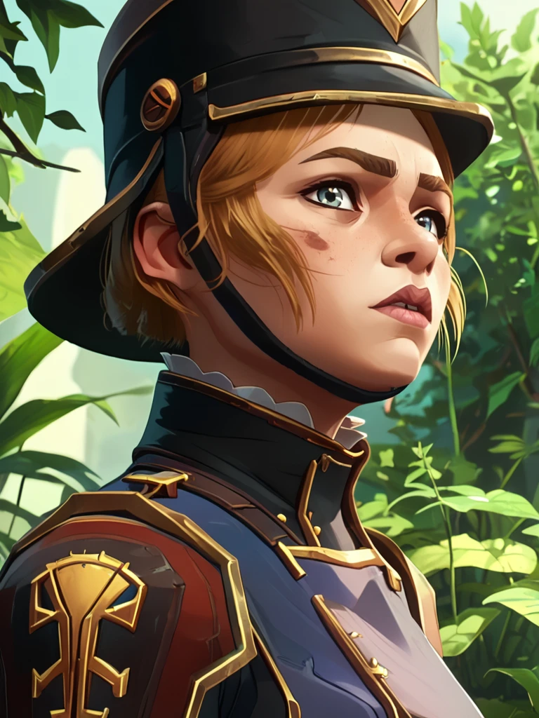 score_9, score_8_up, score_7_up, maddie nolen, enforcer, a young woman in a uniform with a hat, set against a blurred background of greenery, 1girl, solo, looking at viewer, short hair, bangs, simple background, brown hair, hat, upper body, outdoors, parted lips, blunt bangs, volumetric lighting  <lora:arcane_pony_v2:0.9>