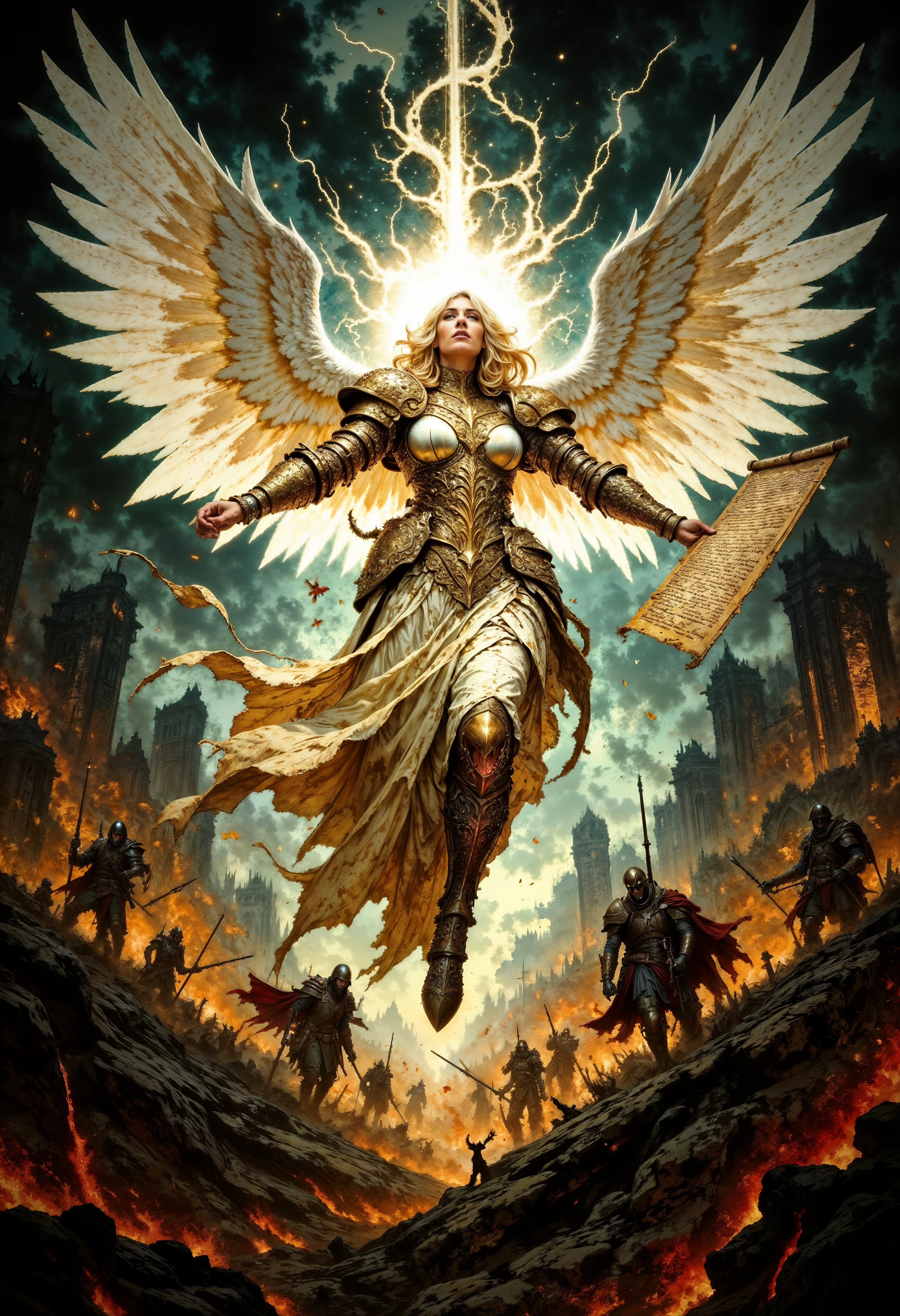 M4gicalL1nes, Highly detailed and dramatic digital artwork featuring a powerful angelic woman in the center, surrounded by a dramatic, dark background. The central figure is clad in ornate golden armor with red accents, featuring large, white, feathered wings spread wide. The gorgeous angel is hovering in the air. A radiant halo of light emanates from behind her head, casting a divine glow. The angel holds a sword in her right hand, and a scroll unfurls from the left hand, inscribed with ancient text. Below, three armored soldiers with helmets and rifles stand on a fiery battlefield, adding a sense of conflict and intensity. The overall composition is dynamic, with a strong contrast between the celestial figure and the dark, smoky environment, emphasizing themes of battle and divinity.
<lora:FluxMythM4gicalL1nes:1>