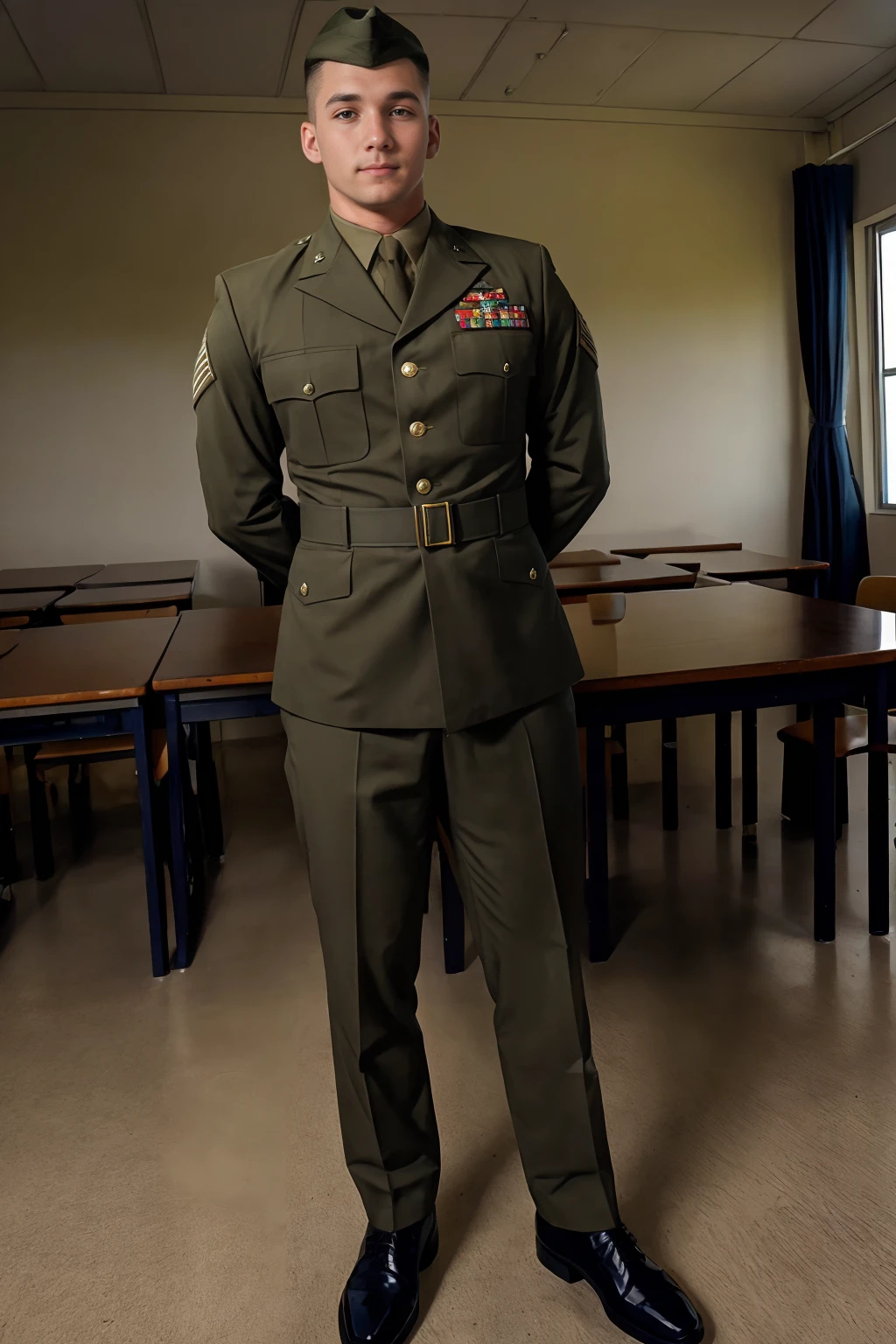 marine education center classroom, standing, slight smile, ElyeBlack, usmc, uniform, fitted usmc uniform, ((full body portrait)), wide angle, <lora:ElyeBlack:0.8> <lora:USMC_Service_Charlie:0.4>
