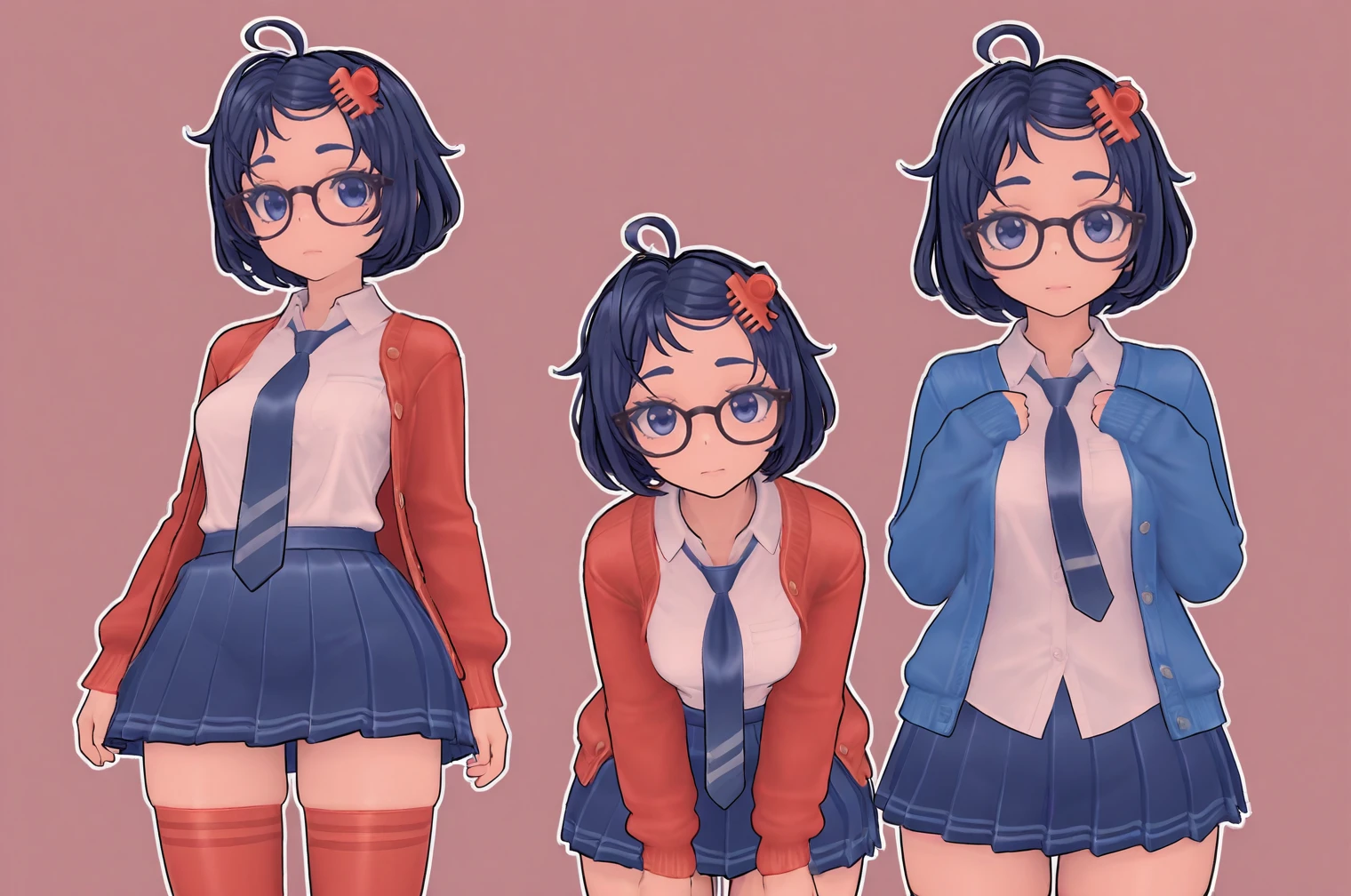 Mila, 1girl, ahoge, (glasses), short hair, (hairclip), white shirt, necktie, red open sweatshirt, blue pleated skirt, red thighhighs   blue eyes, masterpiece, best quality, 8k, high resolution, aesthetically pleasing, dark hair,    <lora:Mita-MiSide-4-4-Illustrious-000008:1>