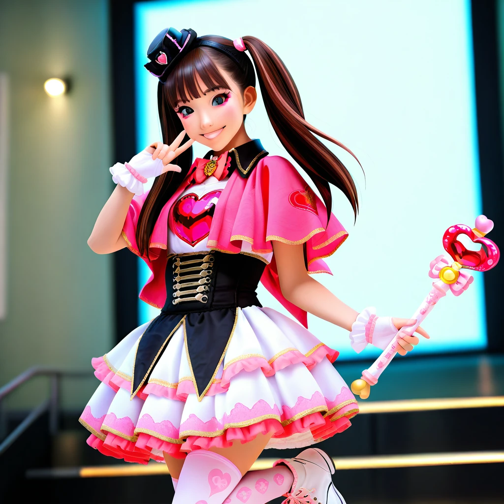 masterpiece, best quality, amazing quality, newest, <lora:SakuraiKokomi:0.8>,1girl,sakuraikokomi,twintails,smile,brown hair,long hair,black eyes,makeup,multicolored hair,
eyeshadow,Phantomirage,dress,mini hat,capelet,heart,bow,idol clothes,pink bow,black headwear,bowtie,mini top hat,pink_capelet,pink bowtie,wand,wrist cuffs,fingerless gloves,white gloves,corset,top hat,cosplay,frills,skirt,white skirt,frilled dress,layered skirt,pink thighhighs,white thighhighs,print thighhighs,thighhighs,shoelaces,shoes,