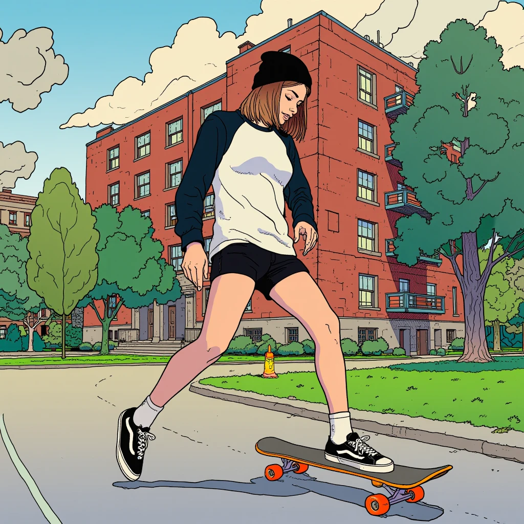 illustration in mb artstyle, A young woman skateboarding outdoors in an urban park setting. She has short shoulder-length, straight brown hair under a black beanie. She is wearing a black-and-white raglan long-sleeve shirt, black shorts, and black-and-white sneakers with white socks pulled up above the ankles. She is actively pushing the skateboard forward, with one foot on the skateboard and the other foot pushing off the ground. The skateboard is a longboard with orange wheels. The background features a paved road, green grass, and a red-brick apartment building in a suburban setting, with some trees and cloudy skies. The lighting is natural, creating a soft, relaxed atmosphere.