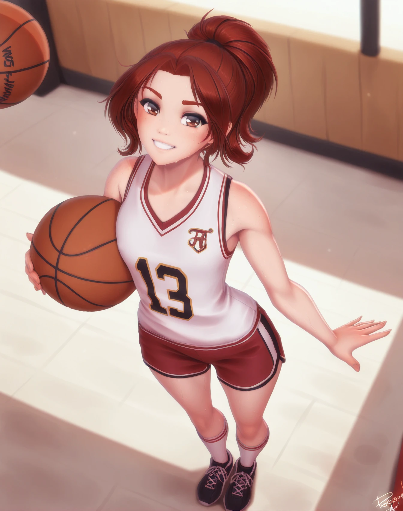 <lora:_Personalami_NAIXL-000025:1> art by Personalami, artist:Personalami, best quality, masterpiece, source_anime, 1girl, solo, looking at viewer, blush, smile, short hair, shirt, brown hair, holding, brown eyes, standing, white shirt, full body, ponytail, sweat, shorts, shoes, sleeveless, socks, black footwear, grin, sleeveless shirt, from above, white socks, sneakers, ball, sportswear, red shorts, holding ball, basketball (object), basketball, basketball uniform