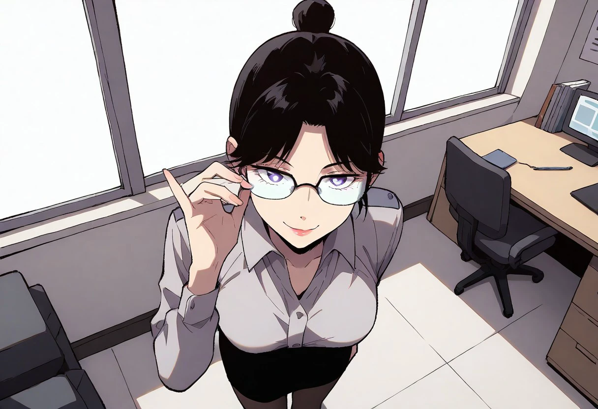 sh3nj14nm1shu,black hair,single hairbun,tied hair,purple eyes,long sleeves shirt,pencil skirt,pantyhose,heels,glasses
BREAK
close-up,perspective,face focus,looking at viewer,from above
BREAK
mature,seductive smile
BREAK
adjusting glasses,standing ,holding book,
BREAK
window,office,desk,chair
BREAK
masterpiece,amazing quality,absurdres,newest,very aesthetic,detailed pupils