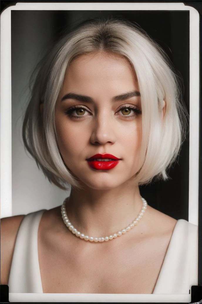 Polaroid black tone low key film, flash photography, abstract 2005, anadearmas, [plain red background], (white hair, medium hair, layred hair), (red lipstick, white dress, pearl necklace), (looking at viewer) <lora:anadearmas-06:1>