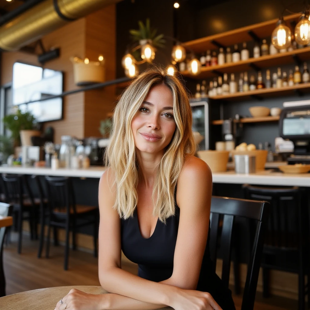 highly detailed image of a woman with blonde hair wearing a bottleneck dress standing in a cafe smiling at the viewer <lora:Diletta_Leotta:1>