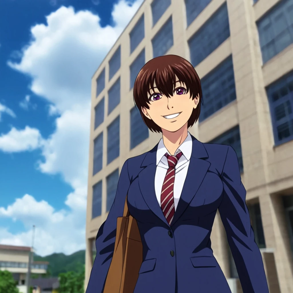 cinematic film still of  <lora:cartoon Watashi ga Toriko ni Natte Yaru xl v2:0.8>
Shiho An anime cartoon scene of Shiho a short hair woman in a suit and tie standing in front of a building, 1girl, solo, breasts, smile, short hair, brown hair, cleavage, brown eyes, outdoors, sky, day, cloud, bag, hentai, ova, original video animation, manga, Watashi ga Toriko ni Natte Yaru style, purple eyes, school, shallow depth of field, vignette, highly detailed, high budget, bokeh, cinemascope, moody, epic, gorgeous, film grain, grainy