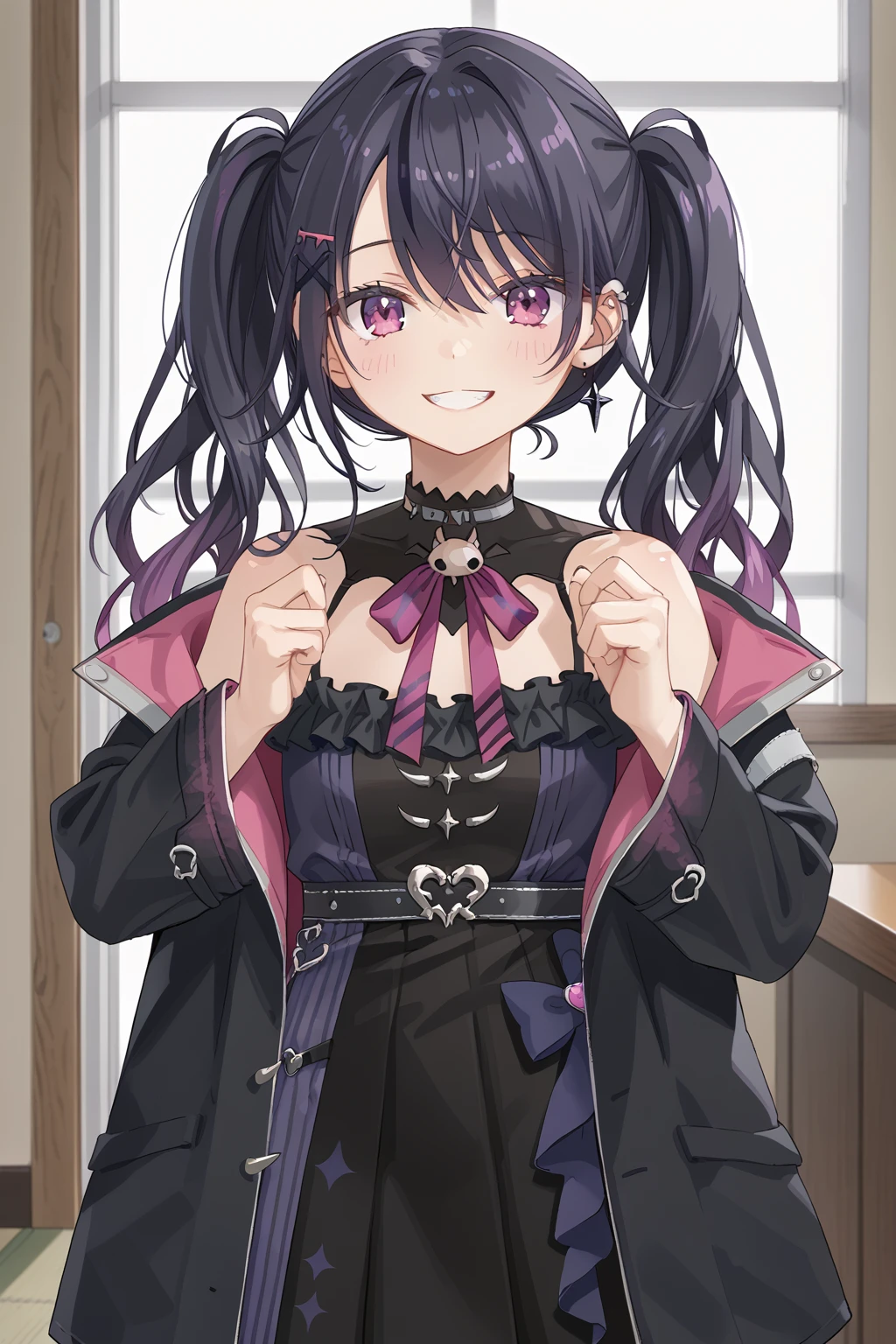 1girl, solo,
Amane Amu, 1girl, solo, twintails, black dress, open jacket,
indoors, looking at viewer, standing, smile, cowboy shot,  <lora:çé³ãã_Amane_Amu_ããªãã«ã_Neo-Porte_Vtuber:1>