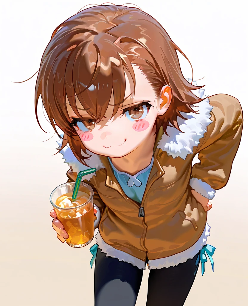 masterpiece, 1440p, 8k, UHD, amazing quality, high resolution, solo  <lora:Last_Order_Illustrious:1> 1girl, asymmetrical hair, blush stickers, brown eyes, brown hair, drink, jacket, misaka20001 last-order, ribbon, short hair, gradient background, solo, toaru, black leggings, smug, x3