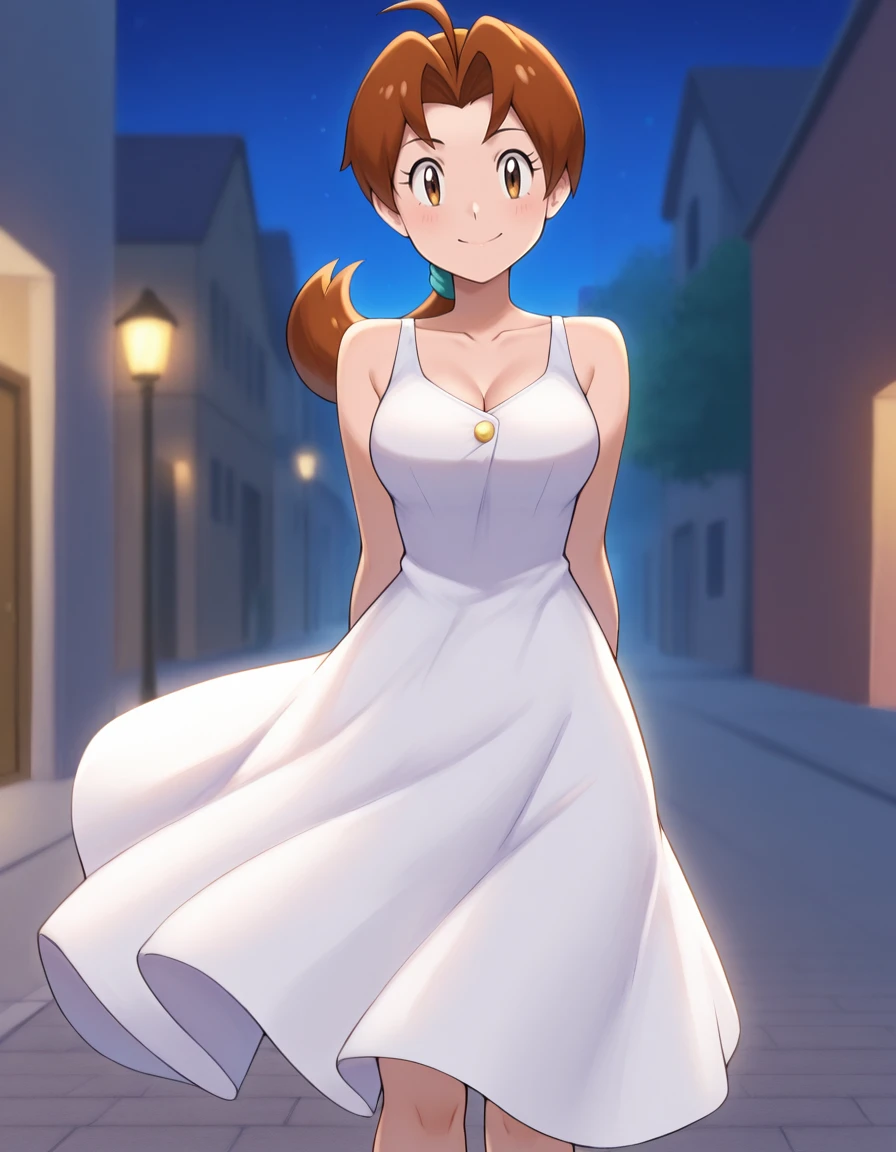 masterpiece, best quality, 1girl, <lora:Delia_Ketchum_IL:1>, deliaketchum, brown hair, low ponytail, ahoge, aqua scrunchie, white dress, sleeveless, collarbone, cleavage, medium breasts, long dress, legs, looking at viewer, smile, arms behind back, street, night