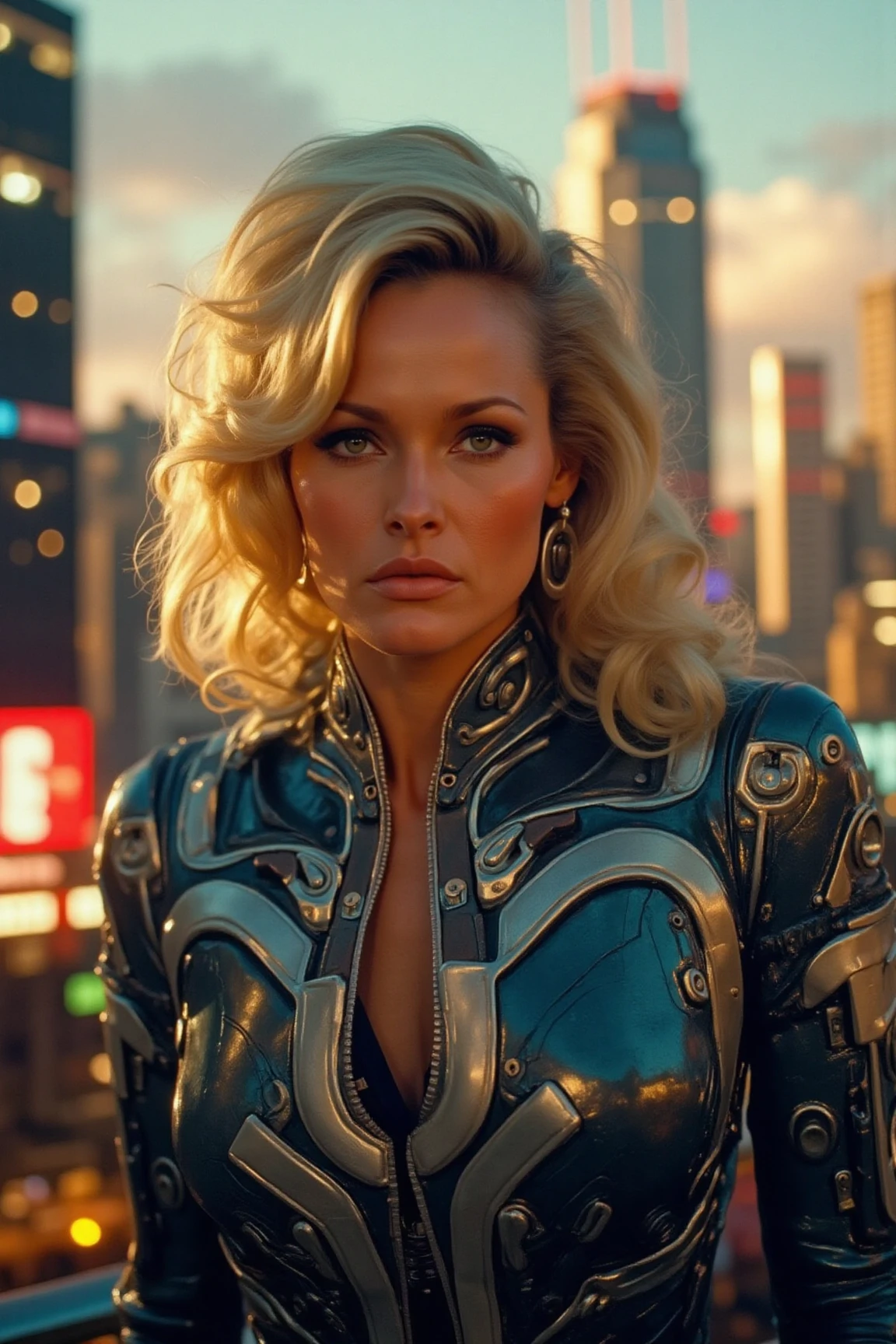 a striking blonde woman, stands confidently in a futuristic cityscape at sunset. Soft, even lighting casts a warm glow on her features, accentuating the intricate details of her cybernetic robot attire. Her face, a masterwork of precision and beauty, is framed by medium-length portrait proportions. Eyes gleam with intensity as she surveys the neon-lit metropolis behind her, where towering skyscrapers and holographic advertisements blur into a futuristic haze.,ursulaflx