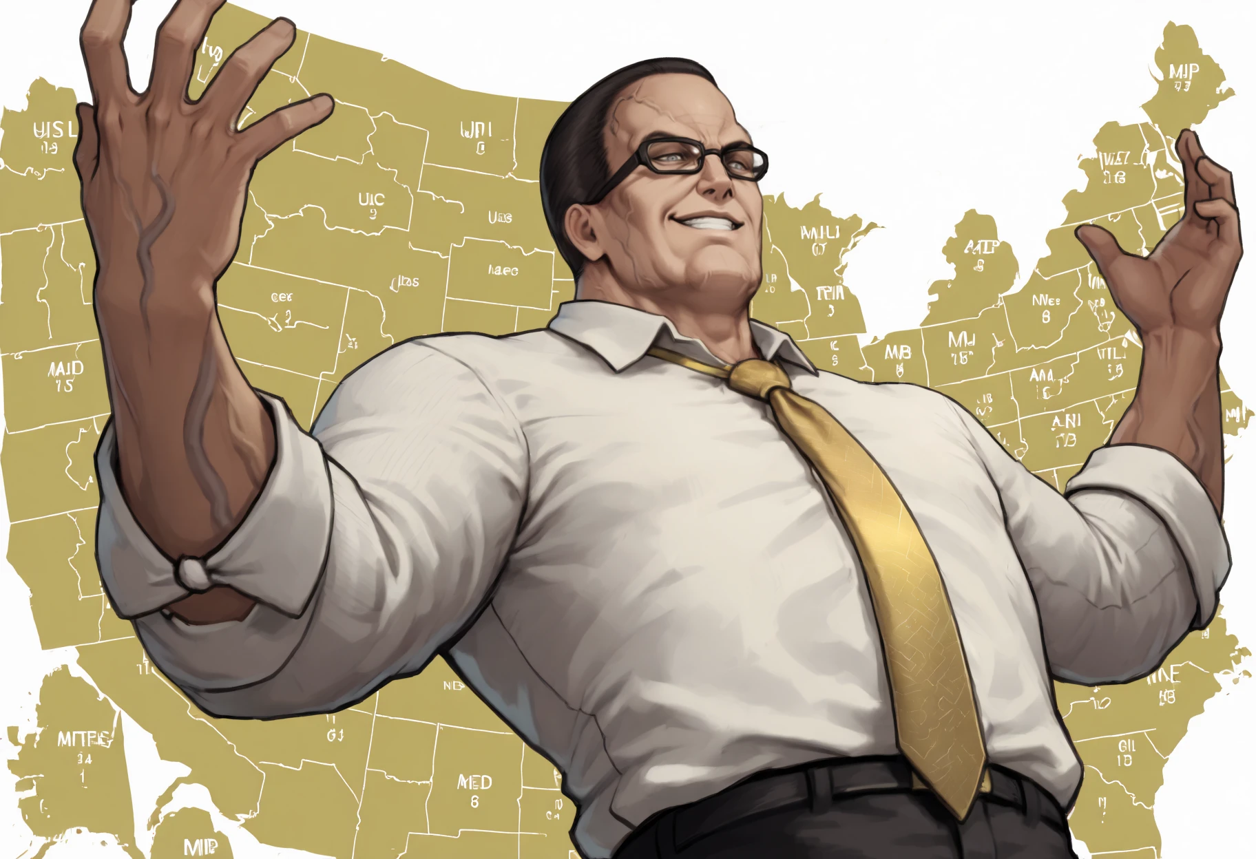 masterpiece, best quality, 1boy, grey eyes, buzz cut, black hair, very short hair, manly, double chin, black-framed eyewear, veins,
serious grin, white shirt, yellow necktie, black pants, 
map, united states, outstretched arms, upper body, yellow background, white background, english text
<lora:Senator-Armstrong-NoobAi-1.1_V1-Manityro-CAME:1.0>,
<lora:JebWinsMeme_illusXL_Incrs_v1:1.0>,