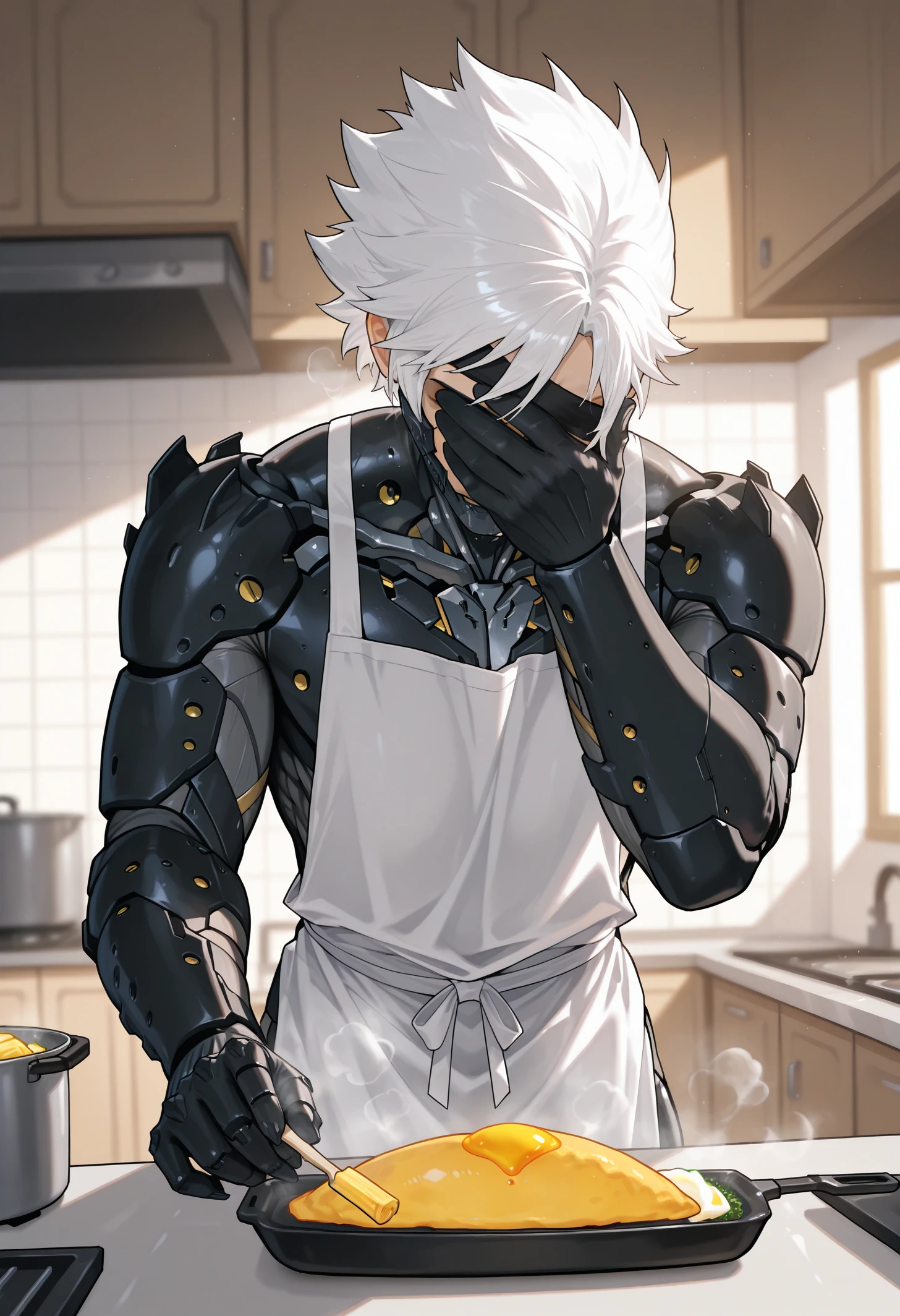 masterpiece, best quality, newest, absurdres, highres, 1boy, male focus, RaidenMGRDef, cyborg, bodysuit, eyepatch, mechanical chin, white hair, short hair, spiked hair, <lora:RaidenMGRR_illusXLNoobAI_Incrs_v1-000013:1>, cowboy shot, indoors, muscular male, apron, kitchen, indoors, cooking, egg, tamagoyaki, egg yolk, omelet, omurice, <lora:Facepalm [IL]_1:1> facepalm, hand on own face, covering face, steaming food,