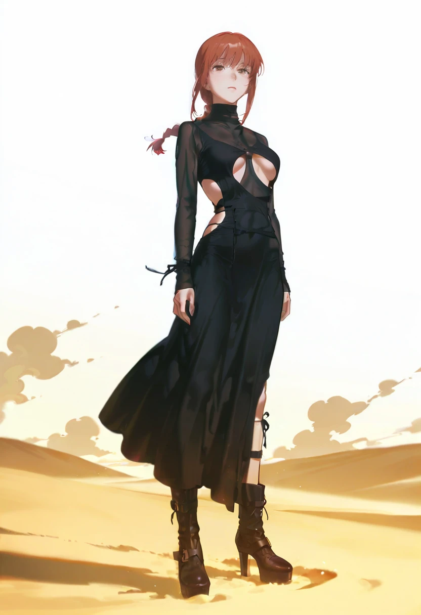 1girl,solo,looking at viewer, desert, dust storm, makima_(chainsaw_man), strappy dress, black dress, boots, platform footwear,  konya_karasue,underboob,