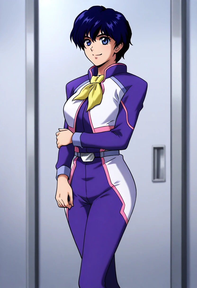 masterpiece, best quality, good quality, 1girl, claire heathrow, short hair, blue hair, blue eyes, uniform, smile