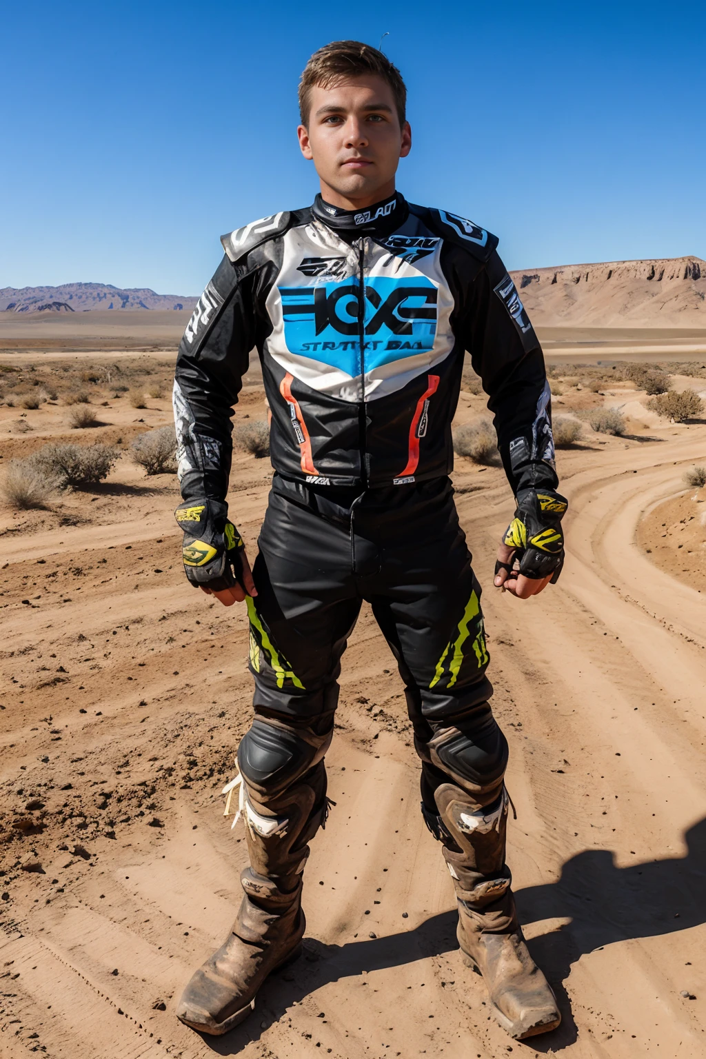desert dirt bike trail, standing beside (dirt bike:1.3), ElyeBlack, motocross body suit, motorcycle body armor jacket, black motocross boots, (male focus), (((full body portrait))), wide angle, <lora:ElyeBlack:0.8>