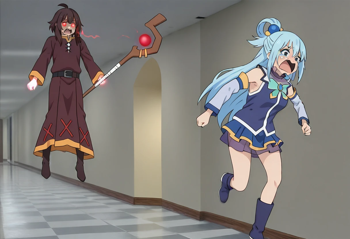 (masterpiece, high quality, amazing detail), highres, floating boy chasing running boy meme,
BREAK
{1girl, megumin, konosuba, glowing eyes, looking down, floating, mid air, holding staff, casting spell, fire balls, t pose}
BREAK
{1girl, aqua (konosuba), skirt, running, crying, open mouth} <lora:floating_chasing_meme:1>,