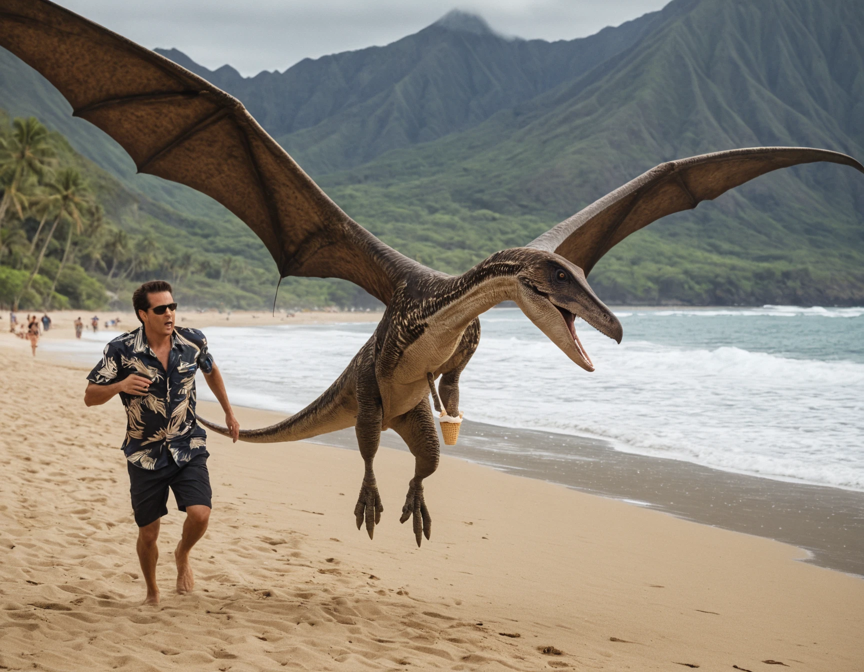 cinematic full shot of a pteranodon dinosaur flying low over a beach with an ice cream cone in its beak. It has a crest on its head, long leathery wings and no tail. An angry man in a hawaii shirt and shirts is running after it, photorealistic, sharp focus, very detailed skin texture <lora:Dinosaur_Practical_Effects-000004:1>