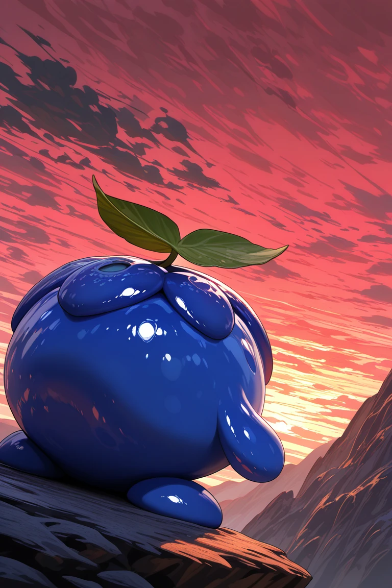 realistic shading, sidelighting, blueberry-creature focus, looking away, daberry, green_daberry_leaf on head, blue_daberry_hair, 1blueberry creature, pokemon (creature), afternoon blurry outdoors cliff, sunset, cloudy red sky, huge mountain, black clouds, scenery, negative space, ominous distance, fantasy, from behind, dynamic angle, motion lines, fidgetting, intricately detailed illustration, depth of field, masterpiece, best quality, amazing quality, very aesthetic, absurdres, newest