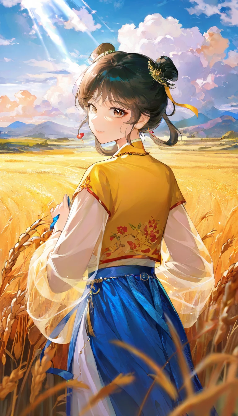 masterpiece, best quality, Good quality, very aesthetic, absurdres, newest,1girl, hanfu, autumn, black hair, blue skirt, brown eyes, chinese clothes,see-through, cloud, cloudy sky, cowboy shot, day, double bun, hair bun, hanfu, jiaoling ruqun, light rays, looking at viewer, outdoors, shirt, sky, smile, solo, wheat, wheat field, yellow shirt, Bright And Sunny Lighting ,chinese ink painting style, (chinese style:1.2)