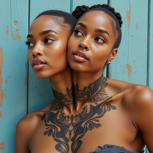 two beautiful women in gold tattoos, in the style of afrofuturism, black paintings, i can't believe how beautiful this is, carnivalcore, digital airbrushing, natural fibers, furaffinity