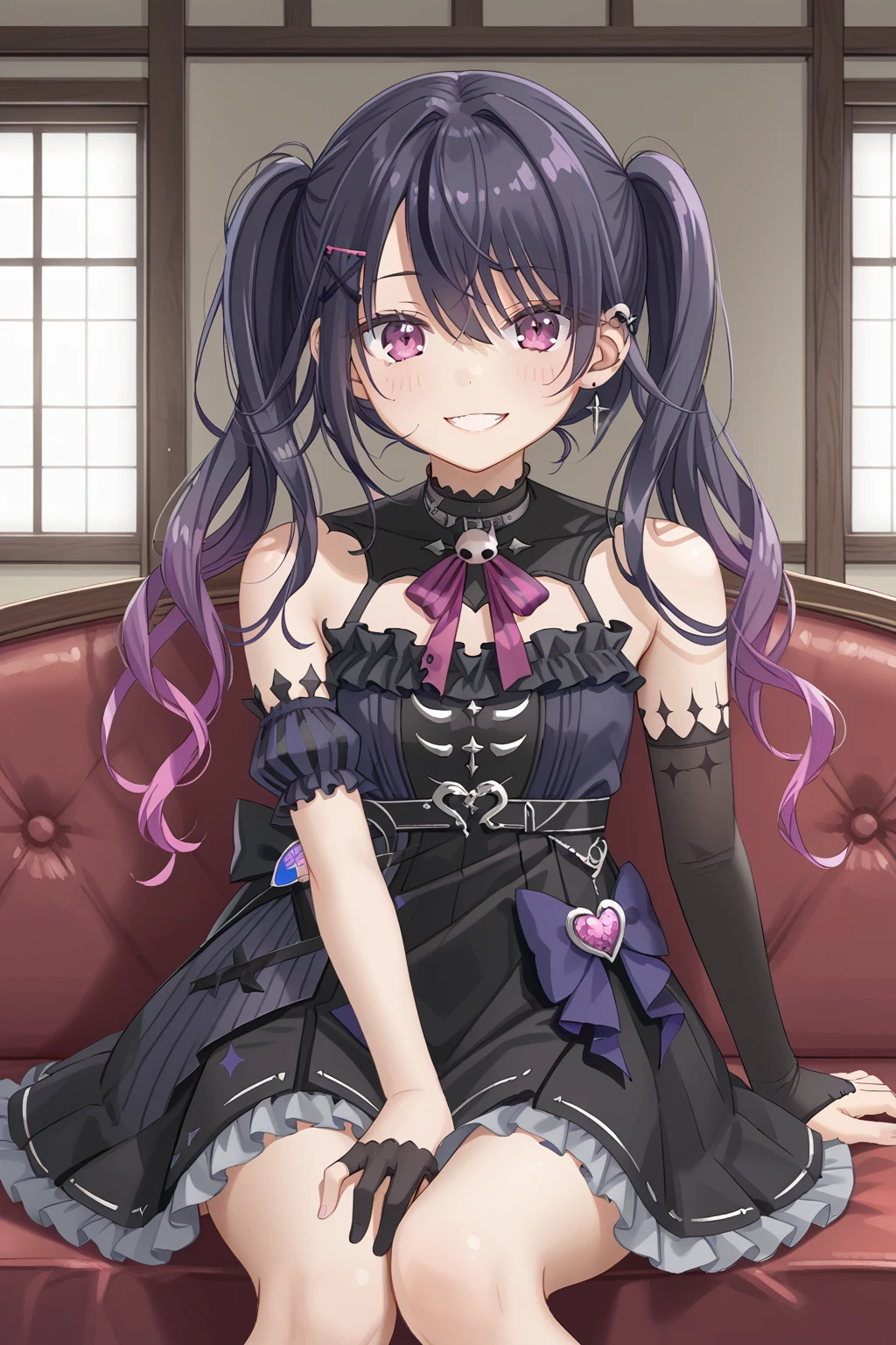 1girl, solo,
Amane Amu, 1girl, solo, twintails, black dress, single elbow glove,
indoors, looking at viewer, sitting, smile, cowboy shot,  <lora:çé³ãã_Amane_Amu_ããªãã«ã_Neo-Porte_Vtuber:1>