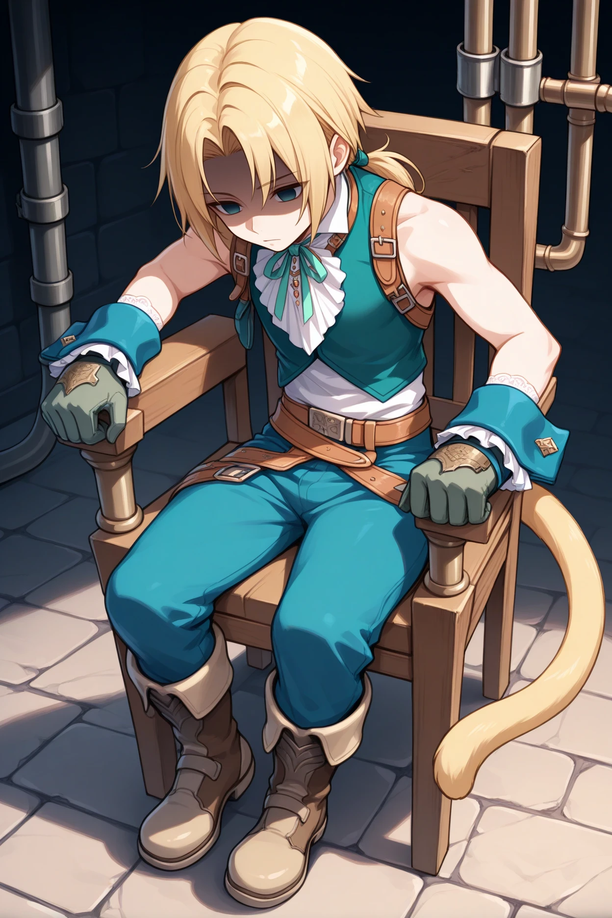 masterpiece, best quality, 1boy, solo, male focus,  <lora:ffzidane-illu-nvwls-v1-000005:1> z1d4ne, blonde hair, parted bangs, low ponytail, blue eyes, tail, white shirt, sleeveless shirt, white shirt, white ascot, neck ribbon, blue vest, gloves, wrist cuffs, belt, blue pants, boots, sitting, metal chair, restrained, head down, shaded face, expressionless, dungeon, stone floor, pipes, steampunk, wrist straps, empty eyes, armrests