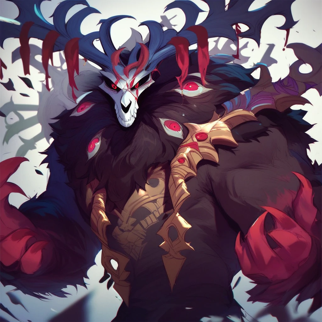 score_9, score_8_up, score_7_up, score_6_up, 1boy, solo, TPvolibear, skull head, antlers, swords in back, red eyes