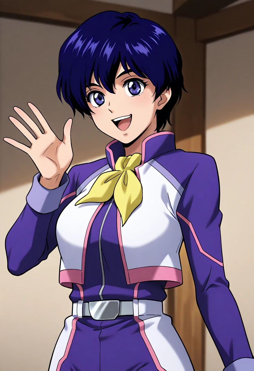 masterpiece, best quality, good quality, 1girl, claire heathrow, short hair, blue hair, blue eyes, uniform, smile, open mouth