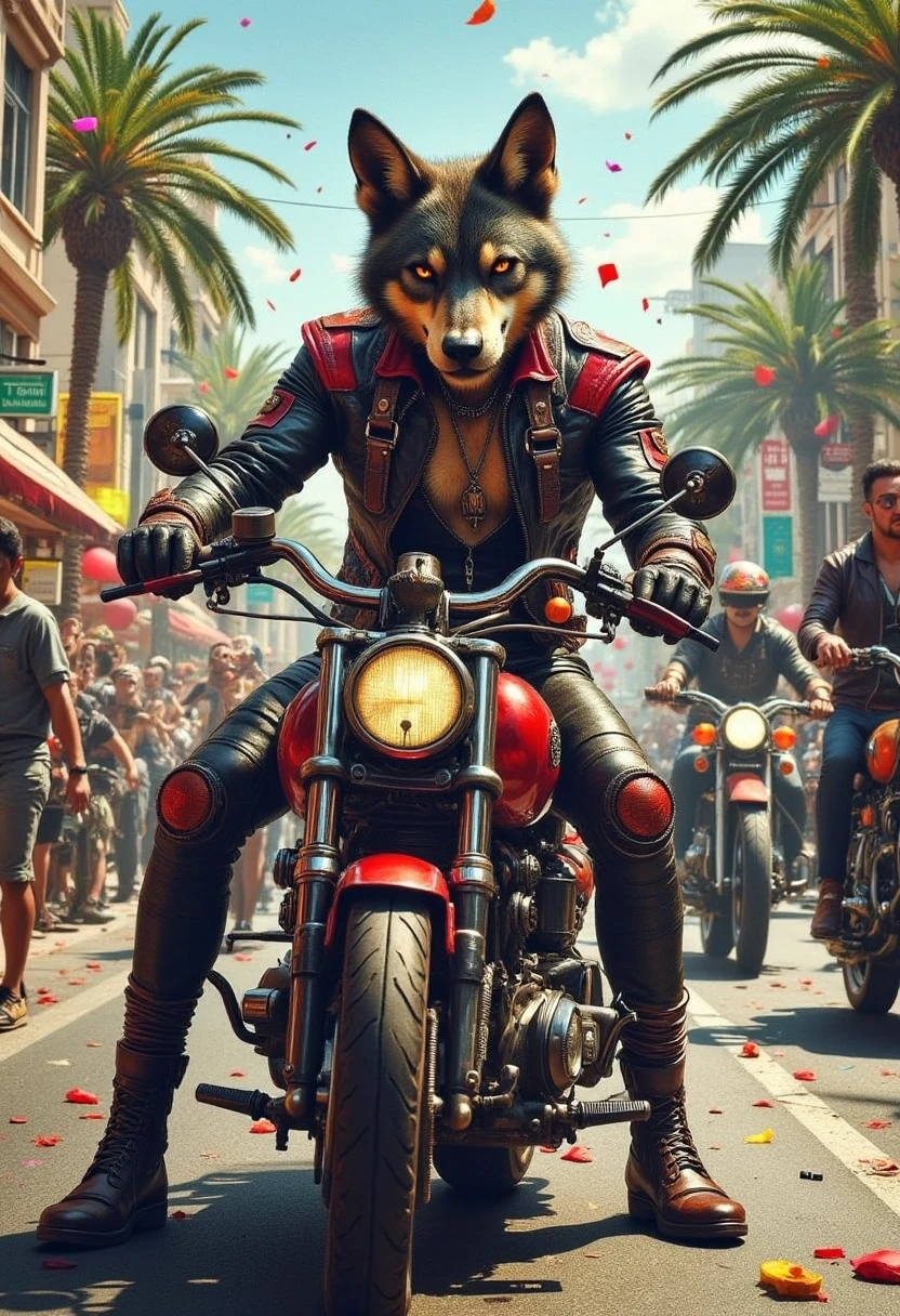 YFG-LBGadgets Digital illustration of a wolf-headed biker in a sleek black and red leather outfit with gold accents, riding a shiny red motorcycle, surrounded by a bustling city parade with cheering crowds, tall palm trees, and festive decorations, bright sunlight casting sharp shadows, and a vibrant, celebratory atmosphere with confetti in the air,