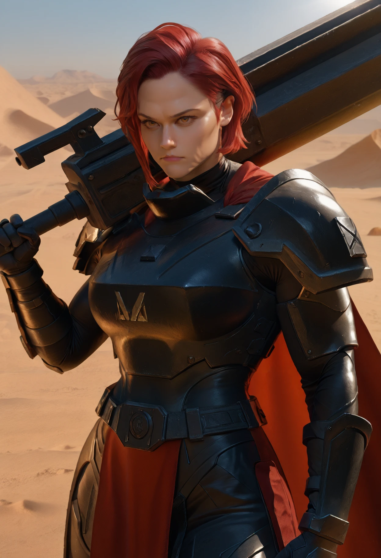 masterpiece, best quality, newest, absurdres, highres, sunlight, realistic, photorealistic, outdoors, serious, 1girl, solo, kaotybirhdn, red hair, short hair, brown eyes, black spartan armor, black shoulder armor, black breastplate, red cape, desert, holding huge weapon, weapon over shoulder, 
<lora:Katy OâBrian:1>