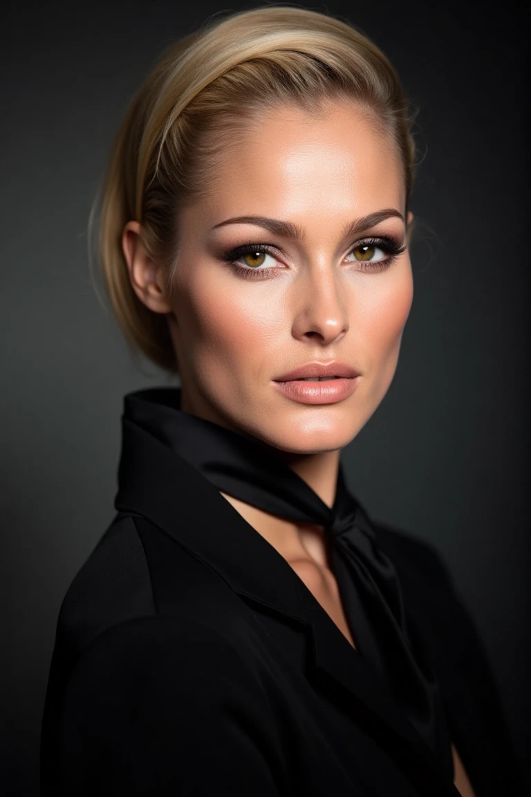 Create a close-up, high-fashion portrait of a woman with striking eyes and confident smile. Her blonde hair is styled back in a sleek manner, revealing her facial features with clarity. She wears a sophisticated black outfit that exudes elegance and minimalism. The background is a smooth gradient of dark gray, enhancing the overall refined and contemporary aesthetic. The lighting is soft yet directional, highlighting her flawless complexion and subtle makeup, with a focus on her eyes and cheekbones. The mood of the portrait is polished, modern, and artistic.