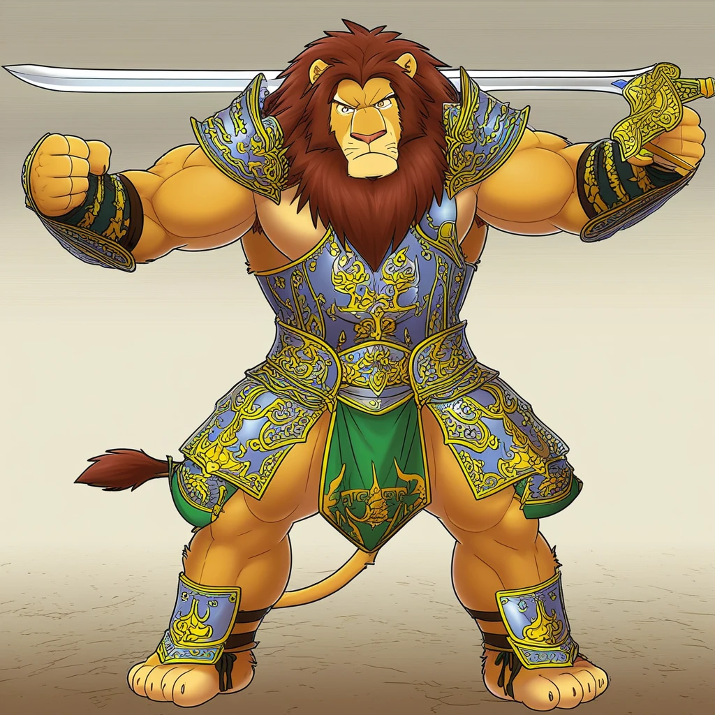 1boy, bara, muscular, male focus, furry, anthro, lion, warrior's clothes,armor,fantasy,Two-handed sword,full body,dynamic pose,simple white background,looking at viewer,frown,angry, masterpiece,best quality,amazing quality,