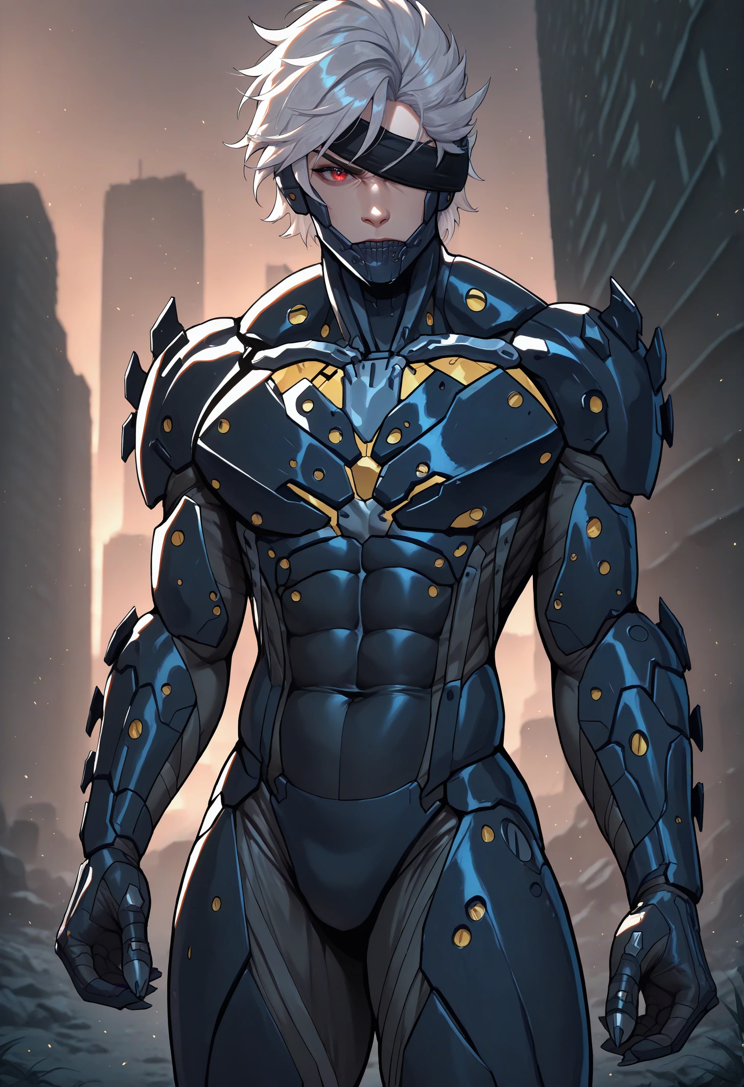 masterpiece, best quality, newest, absurdres, highres, 1boy, male focus, RaidenMGRDef, cyborg, bodysuit, eyepatch, mechanical chin, <lora:RaidenMGRR_illusXLNoobAI_Incrs_v1-000013:1>, cowboy shot, outdoors, looking at viewer, red eyes, serious,