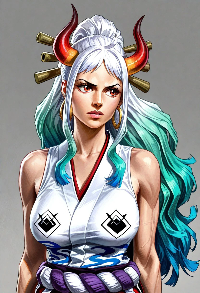 masterpiece, best quality, newest, absurdres, highres, Cedric-Peyravernay-D4/Dishonored-Art-V1.0, 1girl, yamato \(one piece\), curled horns, red horns, multicolored horns, orange eyes, white hair, green hair, long hair, multicolored hair, aqua hair, gradient hair, blue hair, sidelocks, ponytail, high ponytail, hair stick, large breasts, sleeveless kimono, bare shoulders, hoop earrings, earrings, shimenawa, toned