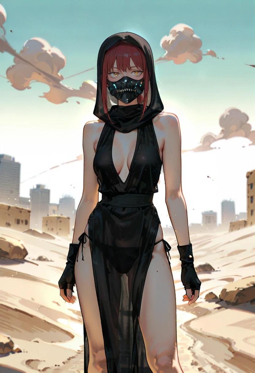 1girl,solo,looking at viewer, desert, dust storm, tsh dress, black dress, see-through, fingerless gloves, mask, pelvic curtain, hood, underwear, panties, makima_(chainsaw_man), annin musou,building,