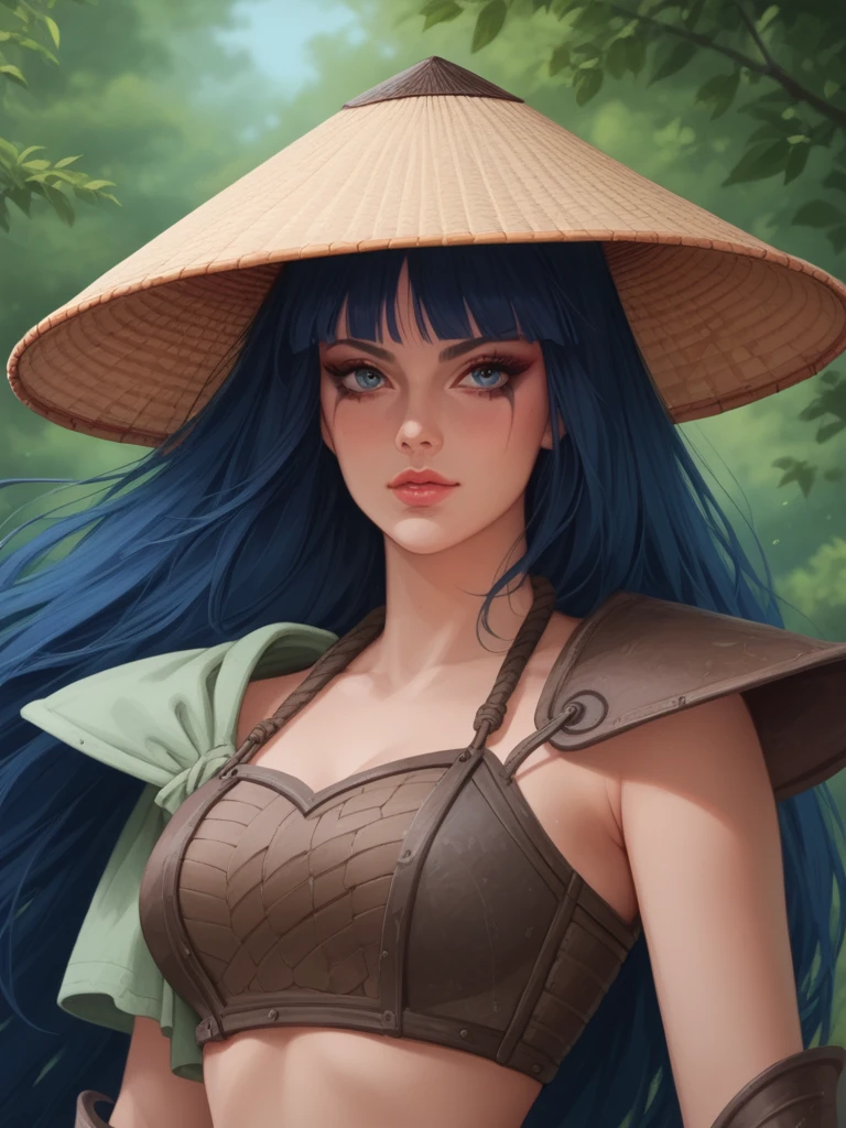 score_9, score_8_up, score_7_up, <lora:Straw_Hat-000006:1>, strawhat, conical hat, 1girl, female, armor, shoulder armor, exposed midriff, blue hair, top knot, long hair, eye makeup, lady kayura, ladykayura, <lora:Lady_Kayura:.66>