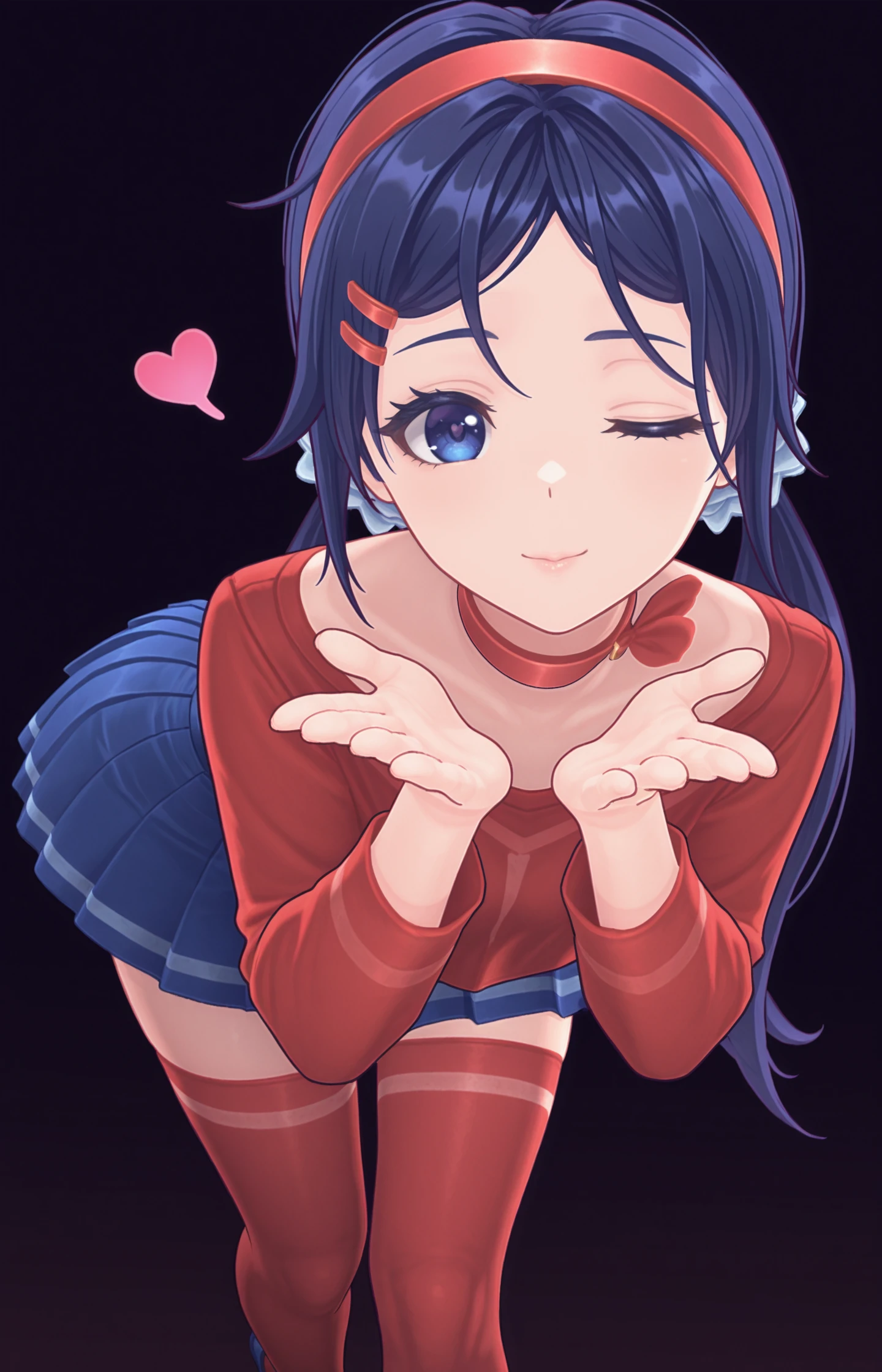 1girl,blue hair,hair ornament,hairband,hairclip,blue hair,long hair,twintails,hair scrunchie,blue eyes,red hairband,red collar,red shirt,long sleeves,blue skirt,pleated skirt,red thighhighs,red socks,blue footwear,miniskirt,shoes,crop top,solo,thighhighs,skirt,looking at viewer,jewelry,choker,ribbon choker,closed smile,leaning forward,looking down at viewer,thigh highs,black background,masterpiece,best quality,heart,from_below,<lora:MitaOGV1:1>,wink,blowing kiss,one eye closed,