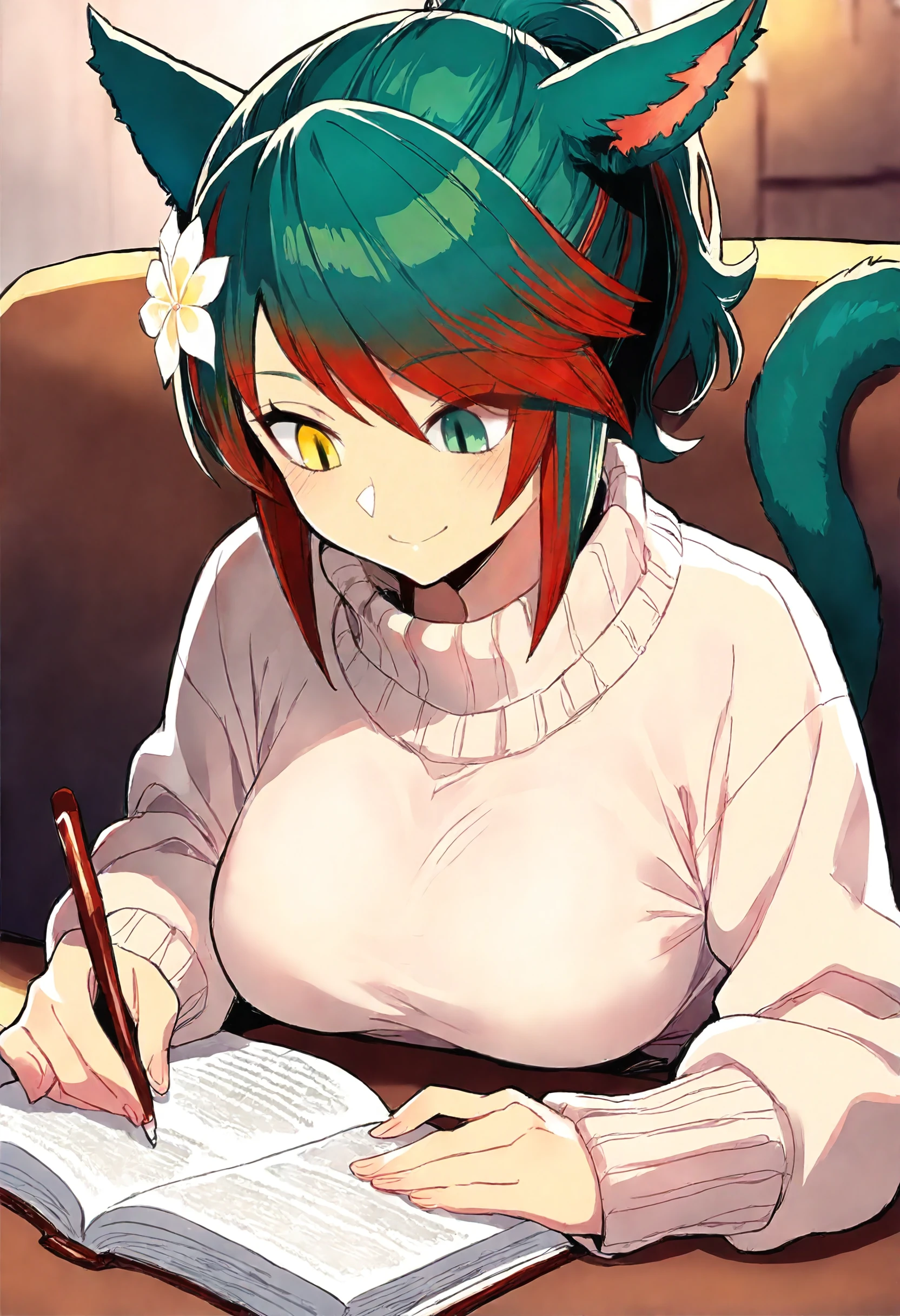 masterpiece, best quality, newest, absurdres, highres,1girl, solo, miqo'te, green hair, red hair, ponytail, short hair, heterochromia, yellow eyes, green eyes, two-tone hair, tail, medium breasts, smile, sweater, couch, upper body, flower hair ornament, reading, looking down
<lora:miqote siri (Illustrious) v1:1>