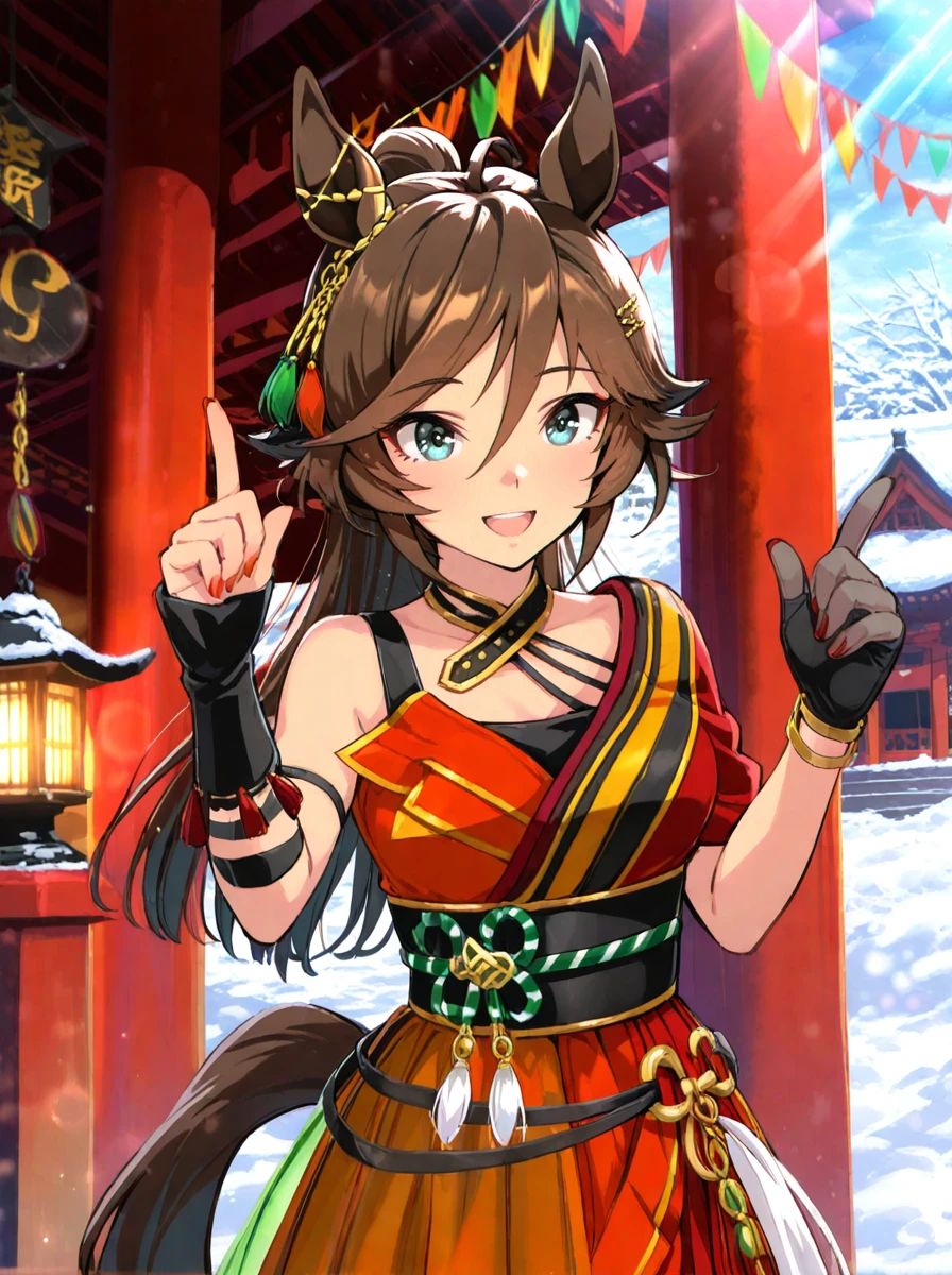 masterpiece, best quality,
mr. c.b. \(umamusume\), 1girl, horse ears, upper body, ponytail, index finger raised, red kimono, single short sleeve, black obi, gold bracelet, black choker, tassel ear ornament, single see-through finger black glove, single black wrist support, inner tank top, new year clothes,red streaked hair,red eyeliner, red nails, single bare shoulders, 
open mouth, big smile,cowboy shot
New Year shrine visit, traditional Japanese temple, torii gate covered in snow, visitors wearing kimonos, winter sky, ringing the bell, incense smoke rising, hanging ema plaques, sacred ropes and white paper streamers, lanterns glowing softly, prayers being made, snow-covered stone lanterns, serene and respectful atmosphere
light rays,lens flare,light particles,
 <lora:ILL_mr.c.b_ver1.021:1>