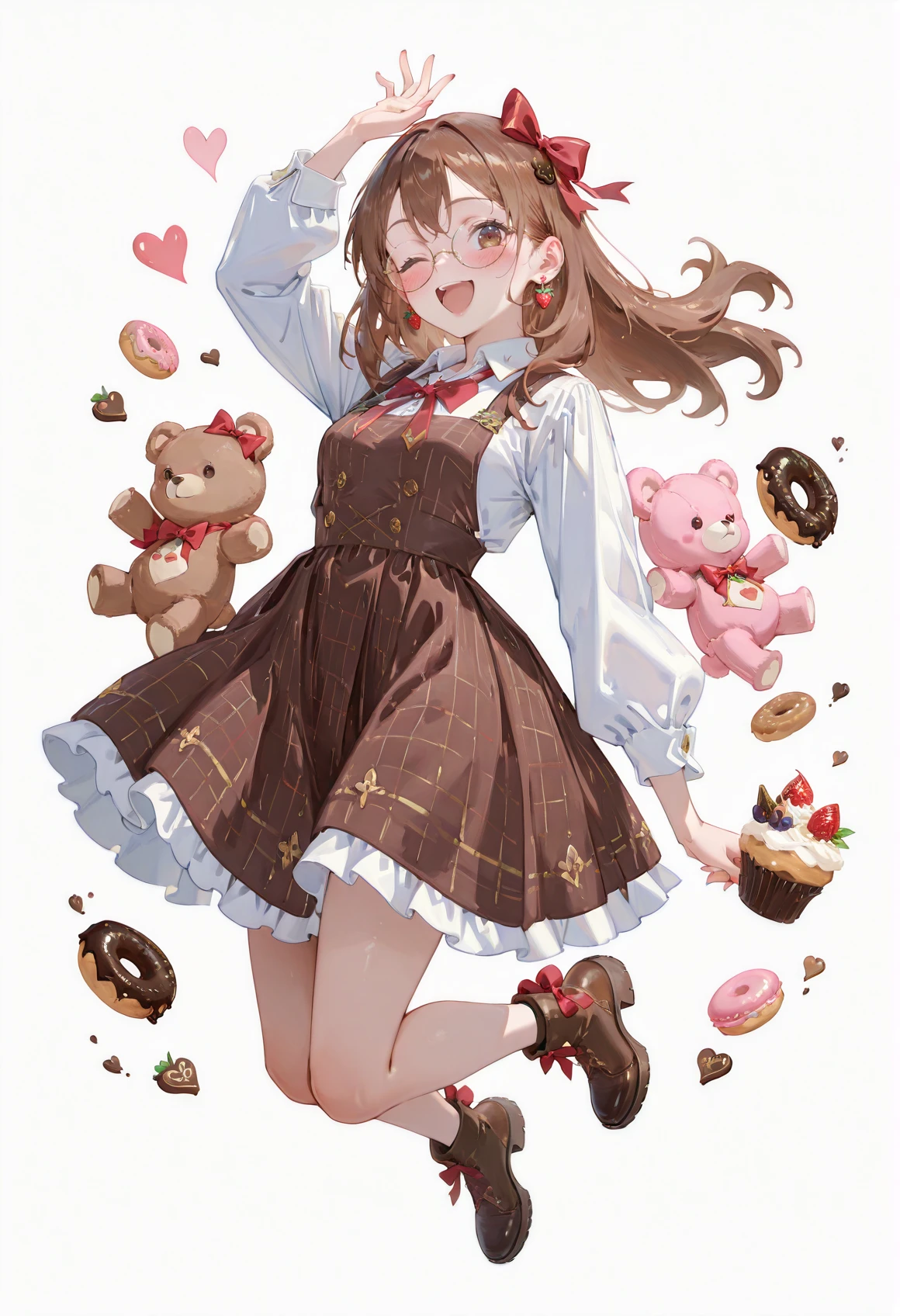 perfect quality,high quality,masterpiece,best quality,amazing quality,very aesthetic,Cinematic Lighting,newest,Tactical use of shadow,
MariyaMikhaylovna Cyql,1girl,solo,brown hair,long hair,hair ornament,brown eyes,
strawberry,food,fruit,chocolate,one eye closed,heart,open mouth,glasses,dress,bow,smile,long sleeves,full body,teddy bear,shirt,red bow,white background,stuffed animal,stuffed toy,hair bow,arm up,white shirt,plaid dress,looking at viewer,plaid,jewelry,earrings,frills,heart-shaped chocolate,boots,cake,blush,sleeveless dress,macaron,collared shirt,simple background,food-themed earrings,;d,cookie,sleeveless,doughnut,valentine,ribbon,puffy sleeves,puffy long sleeves,candy,floating hair,cupcake,bowtie,footwear bow,happy valentine,nail polish,pinafore dress,round eyewear,jumping,
EtherStyle,qxys,usnr,748cmstyle,<lora:spo_sdxl_10ep_4k-data_lora_webui:0.6>,<lora:illustrious_all_rated_v1:0.7>,<lora:laser_light_clothes_v0.5-pony:0.5>,<lora:holographiccolor:0.6>,<lora:EtherSDXL:0.8>,<lora:Mariya Mikhaylovna_Illustrious by Cyql:1>,