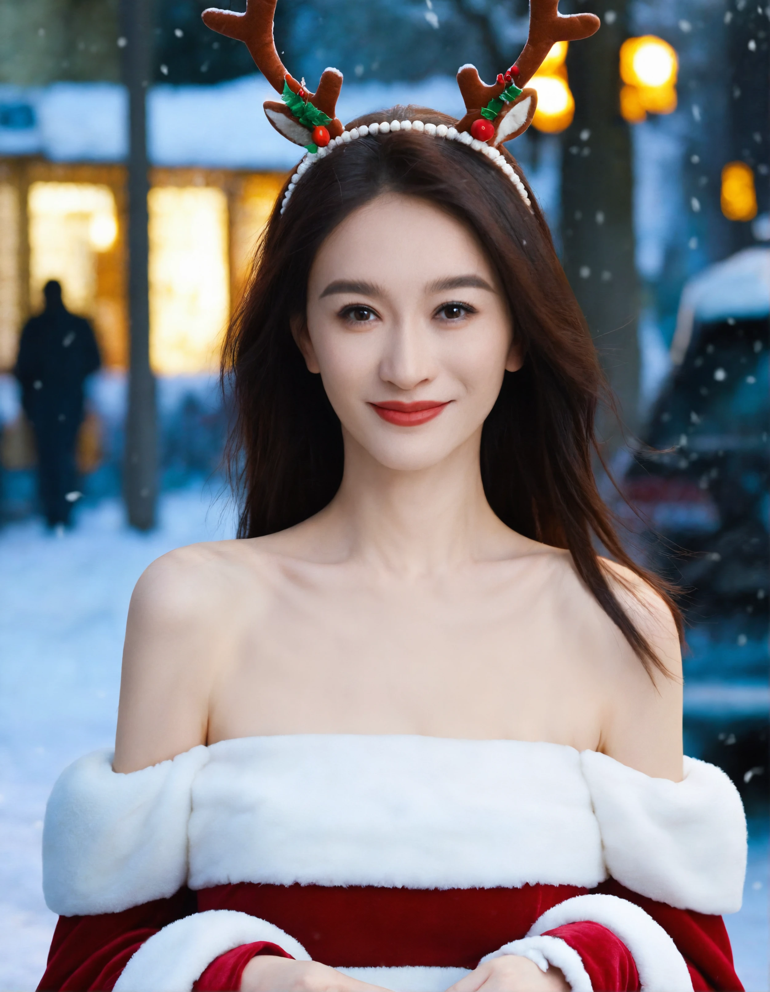 score_8_up,lxr, Upper body shot,front view, this image features a woman standing in street,She has long dark hair pulled back, accentuating her face,looking at viewer,She is wearing a strapless, Christmas themed dress,small fake antlers accessories,Exudes elegance and festivity. Her expression is gentle smile, The background is snowing street, Soft,even lighting enhances her facial features, casting no harsh shadows, thus creating a serene and sophisticated atmosphere. Her overall appearance suggests poise and grace, with the simplicity of the background emphasizing her presence.