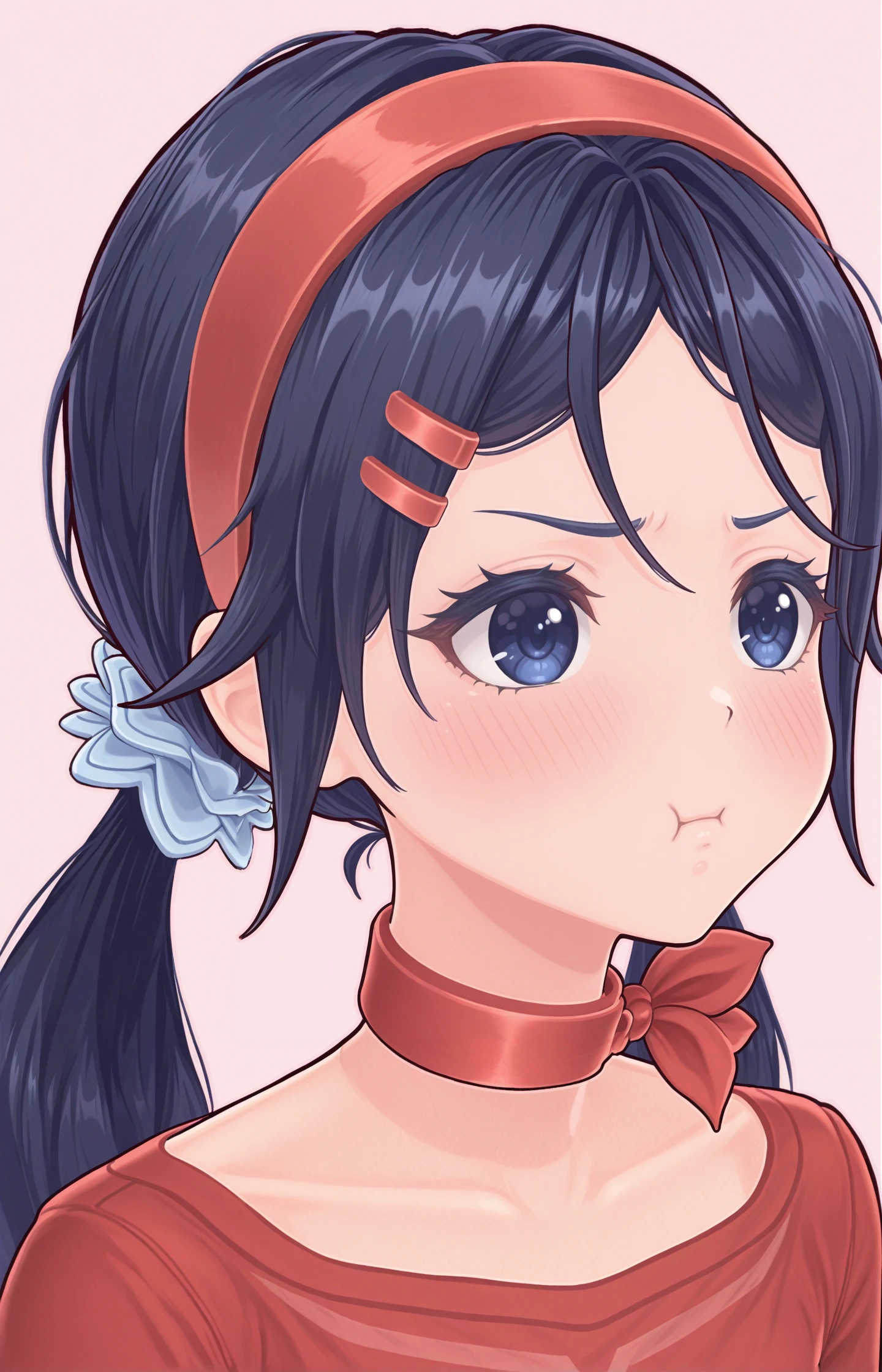 1girl,pout,blush,face focus,simple background,
<lora:add-detail-xl:1>,<lora:MitaOGV1:1>,1girl,blue hair,hair ornament,hairband,hairclip,blue hair,long hair,twintails,hair scrunchie,blue eyes,red hairband,red collar,red shirt,long sleeves,crop top,solo,jewelry,choker,ribbon choker,