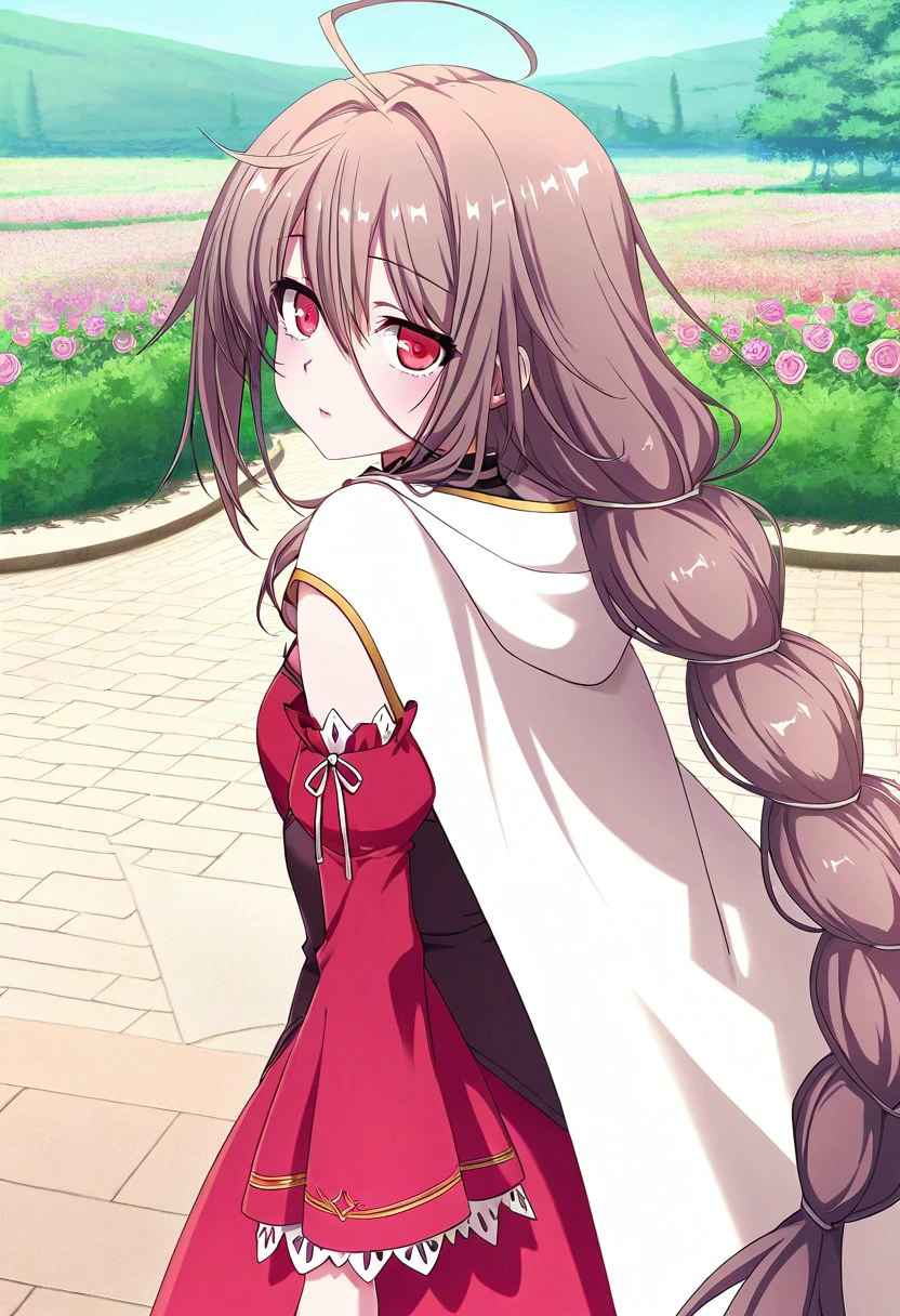 very awa,masterpiece, best quality, good quality,game_cg, anime coloring,outdoor,flower,1girl,Rosette_Savigny_DEEP_ONE,brown hair,long hair,red eyes,long braid,big braid,ahoge,white cape,red sleeves,detached sleeves,rosettedress,
Show less